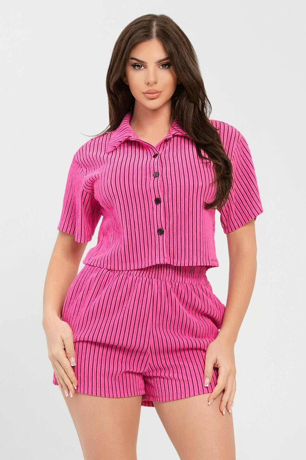 Texture Stripe Button Down Top And Shorts Set