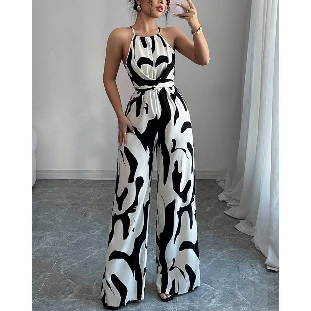 Zebra Print Cami Tie-Back Wide-Leg Jumpsuit ZK2823